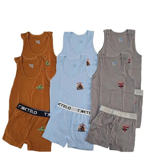 boy's Underwear 100% Cotton Vests And Briefs Set of (6 Piece) colors- printed 3 color Textelo