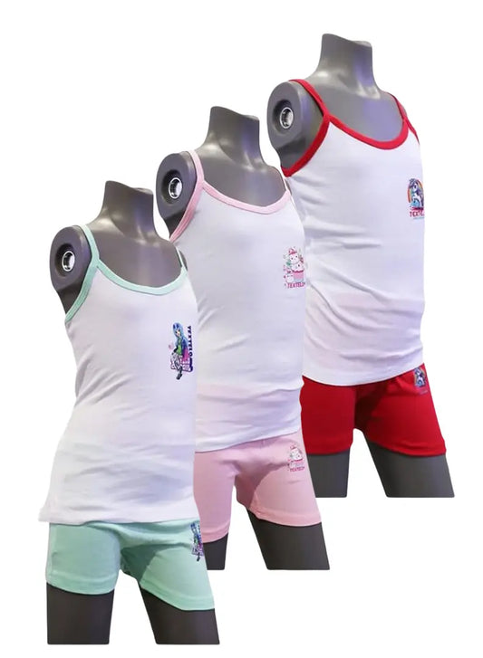 Cotton Underwear Set Girls (3Piece) Vests and Briefs in Two Colors Textelo