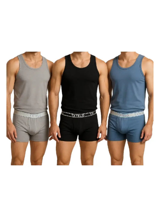 Textelo Men's Underwear Set – 100% Cotton T-Shirt & Trunk Boxer (3-Pack) – Blue, Black, Gray Textelo